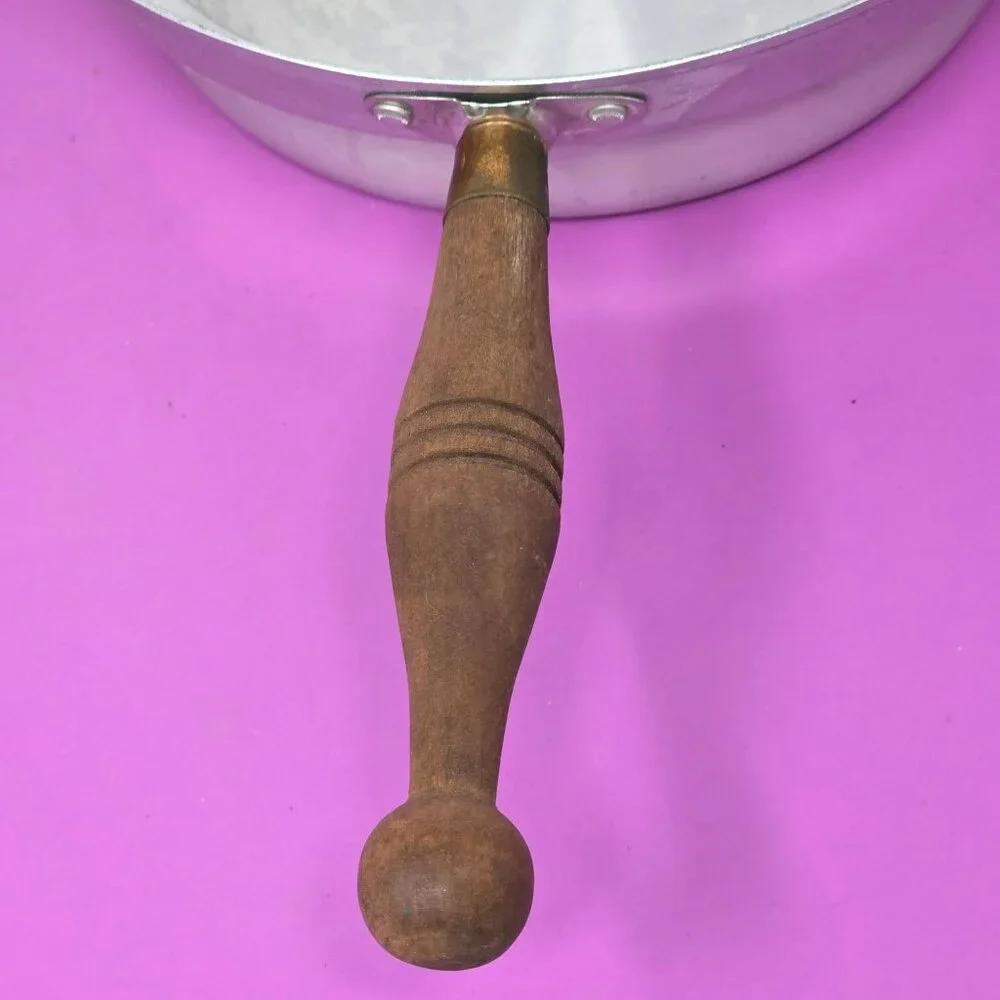 Vintage Aluminum Pan Wooden Handle Sturdy Construction Ideal Kitchen Use Display
